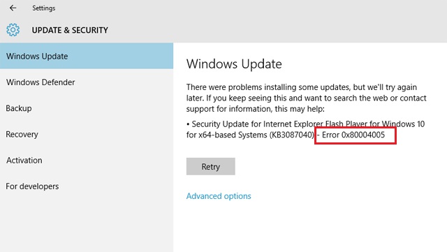 Update Error 0x80004005 in Windows 10